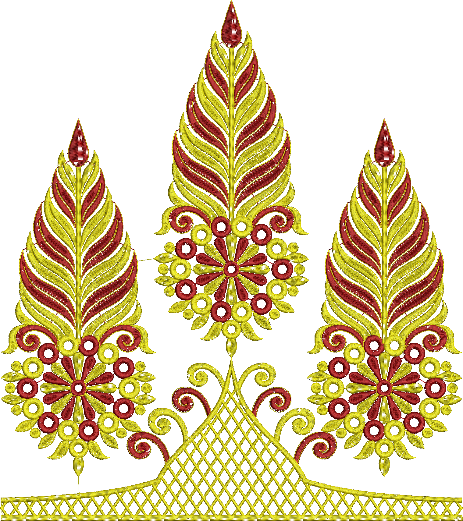 Embroidery design: A symmetrical embroidery design featuring three stylized floral motifs in alternating red and yellow bands, with a decor