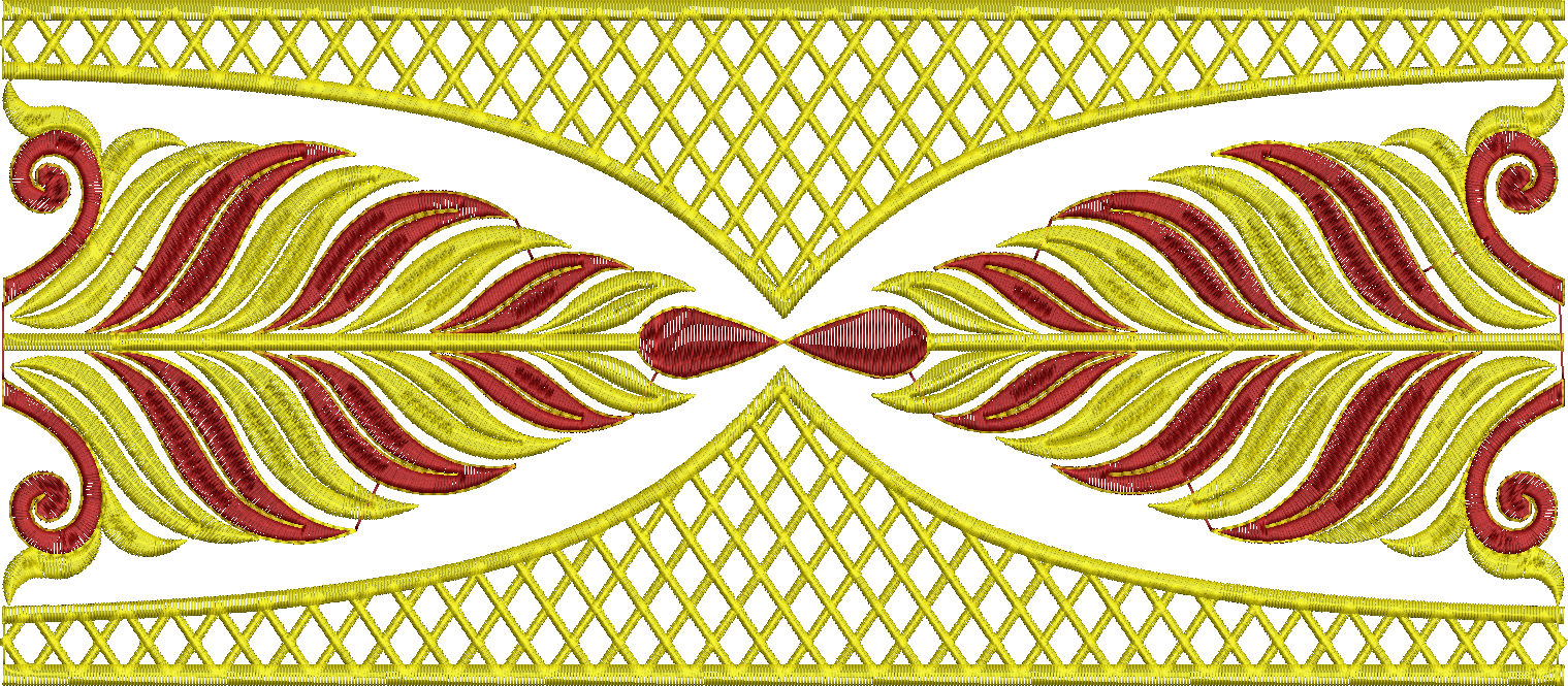 Embroidery design: A symmetrical ornamental embroidery design in gold and deep red, featuring scrollwork and leaf motifs forming a central 