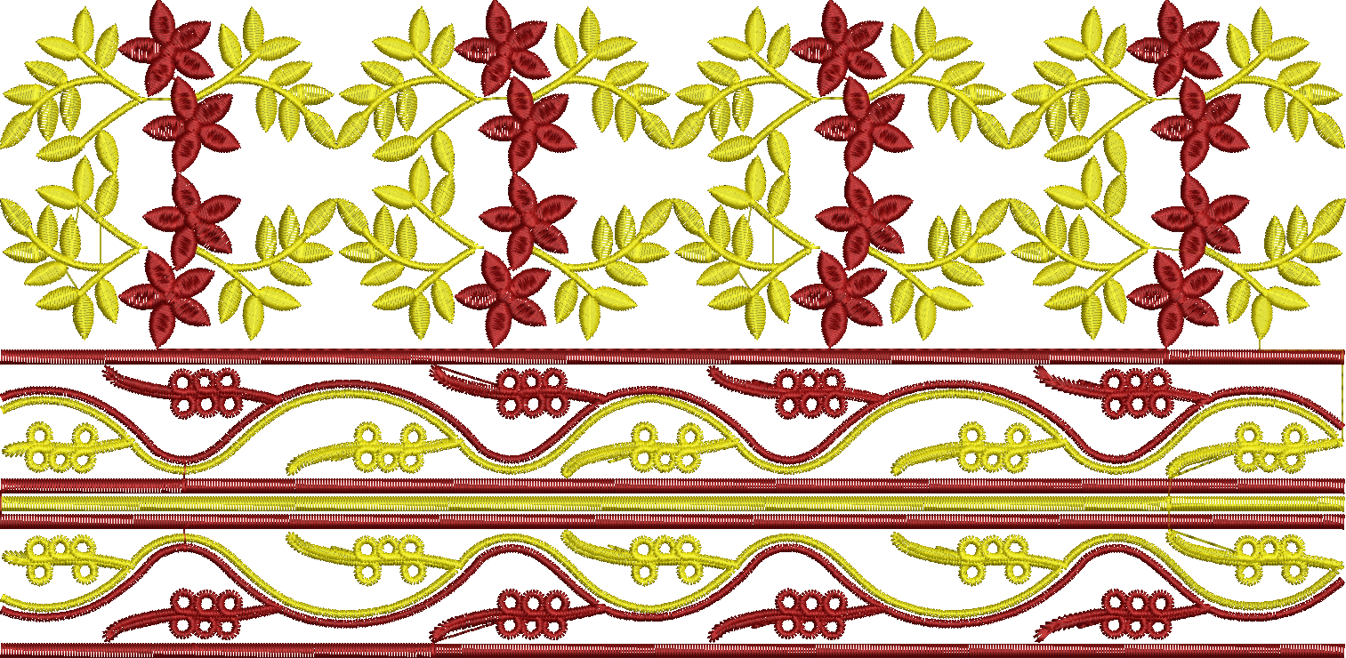Embroidery design: A repeating decorative border embroidery design featuring red and maroon flowers with yellow and green foliage, interspe