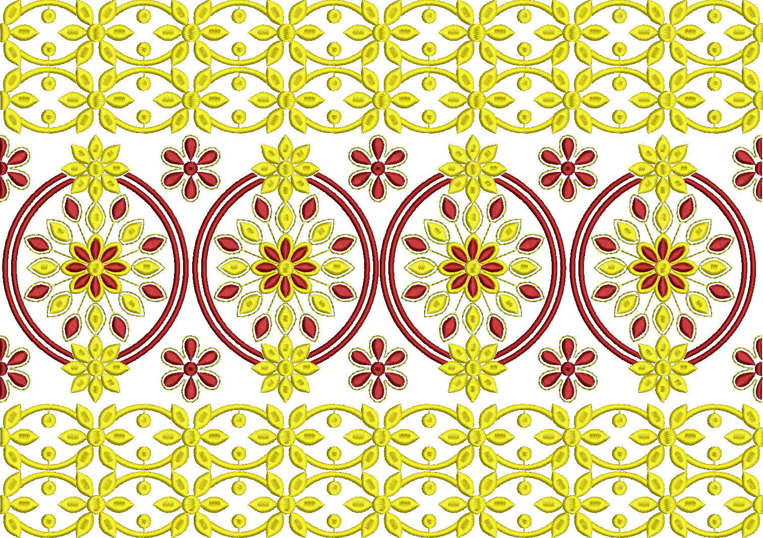 Embroidery design: A traditional embroidery design featuring a repeating horizontal border with red and yellow floral motifs, circular elem