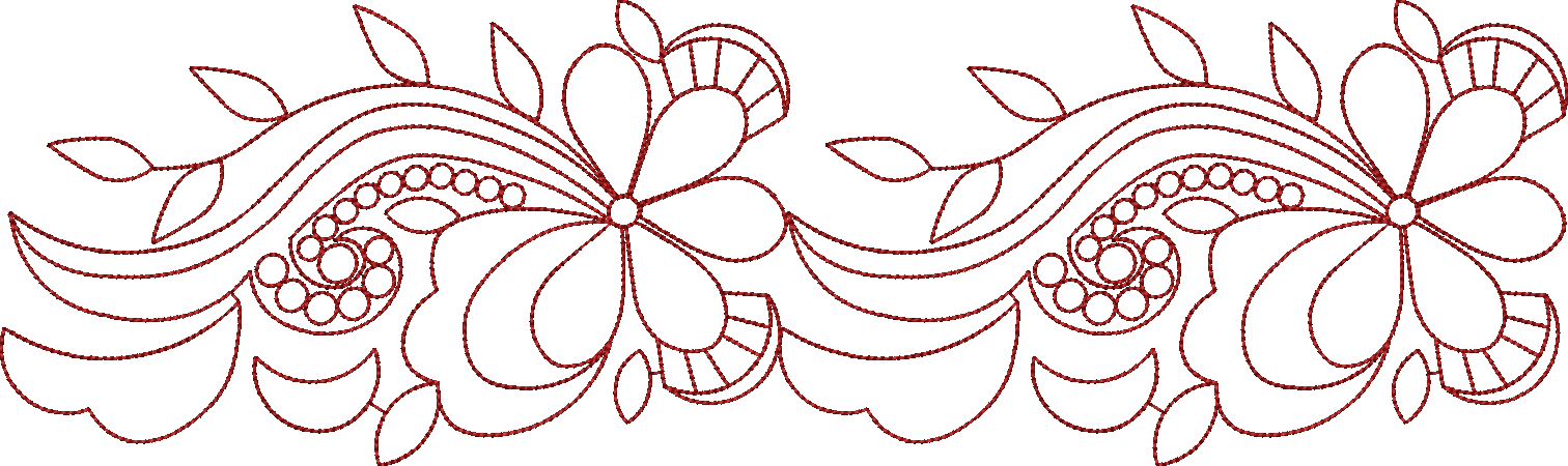 Embroidery design: A repeating, symmetrical border design in deep red, featuring floral and vine elements with leaves and circular motifs i