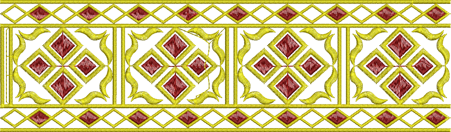 Embroidery design: A decorative border embroidery design with repeating geometric patterns of gold diamonds on a dark red background, featu