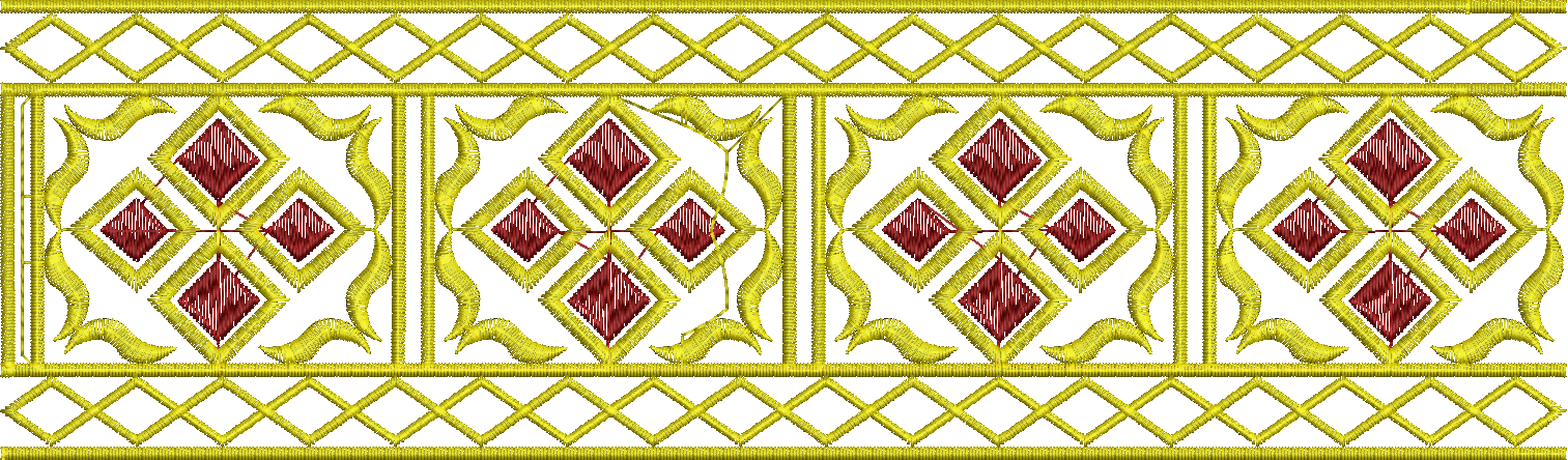 Embroidery design: A repeating symmetrical embroidery border design featuring gold geometric lattice work and diamond motifs with red cente