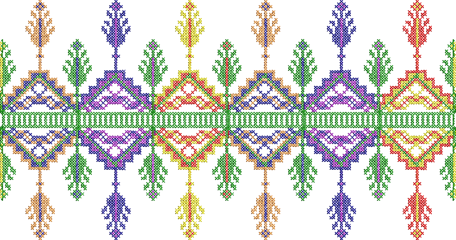 Embroidery design: A symmetrical, repeating border embroidery design with geometric diamond motifs and stylized leaf-like elements, rendere