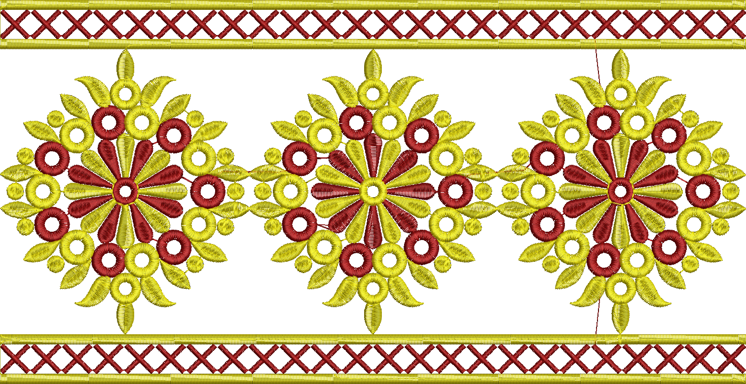Embroidery design: A decorative border embroidery design with repeating symmetrical medallions in red and yellow, flanked by geometric cros