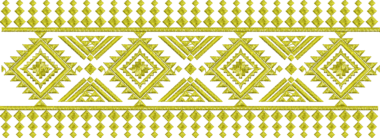 Embroidery design: A repeating, symmetrical, yellow embroidery design featuring geometric diamond patterns, forming a horizontal border.