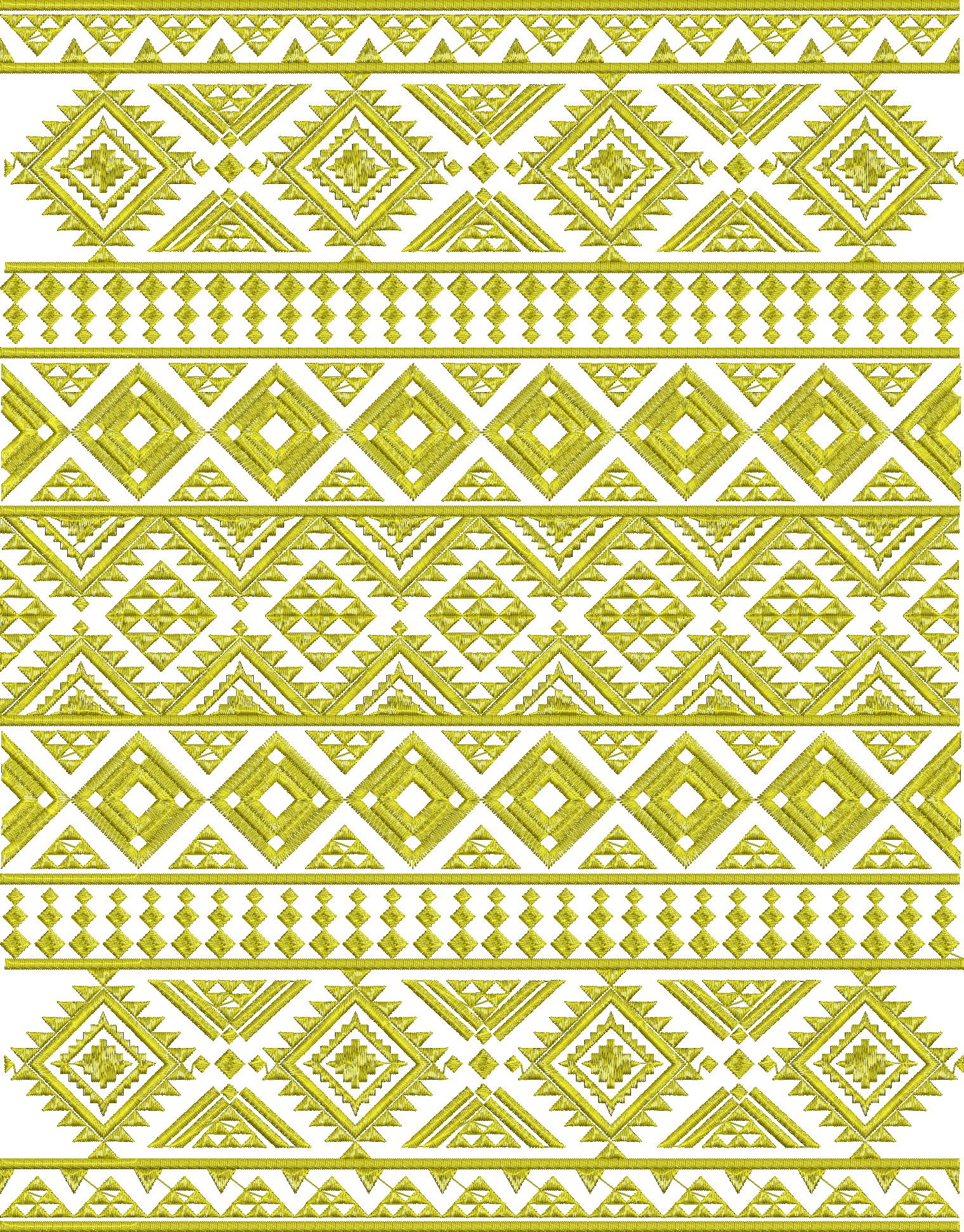Embroidery design: A repeating horizontal border embroidery design with yellow geometric patterns on a white background, featuring diamonds