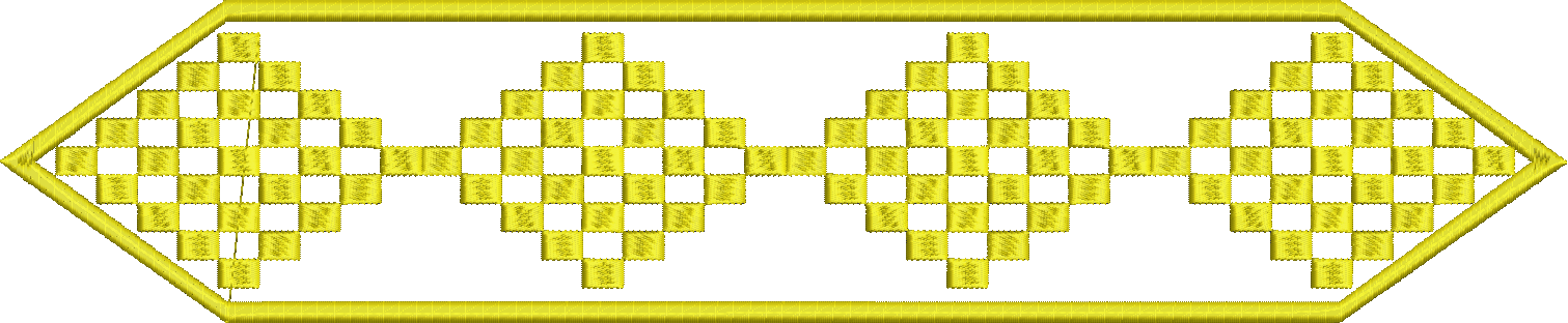 Embroidery design: A yellow embroidery design featuring a symmetrical, repeating diamond pattern within an elongated hexagonal frame and bo