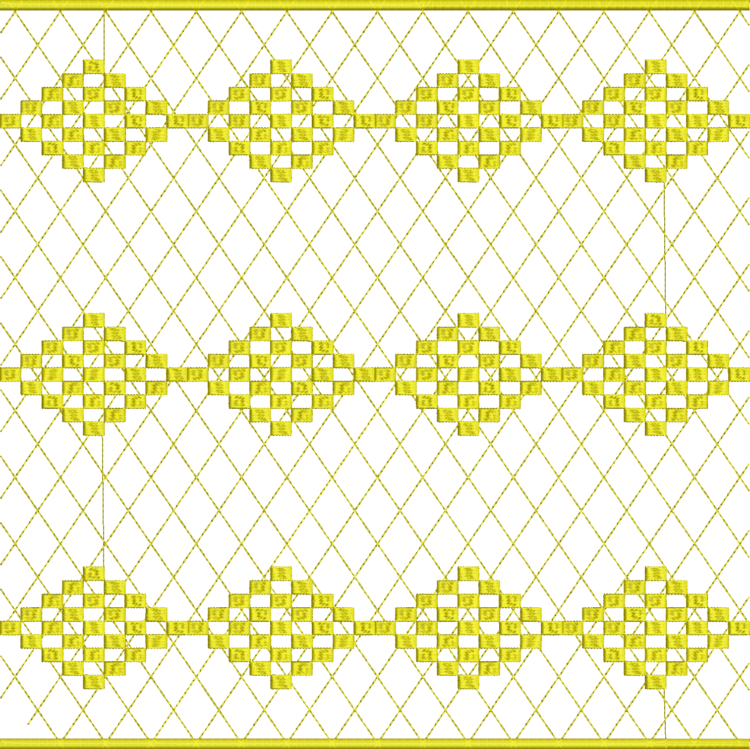 Embroidery design: A repeating geometric embroidery pattern in gold, featuring diamond motifs connected by a lattice, with solid borders at