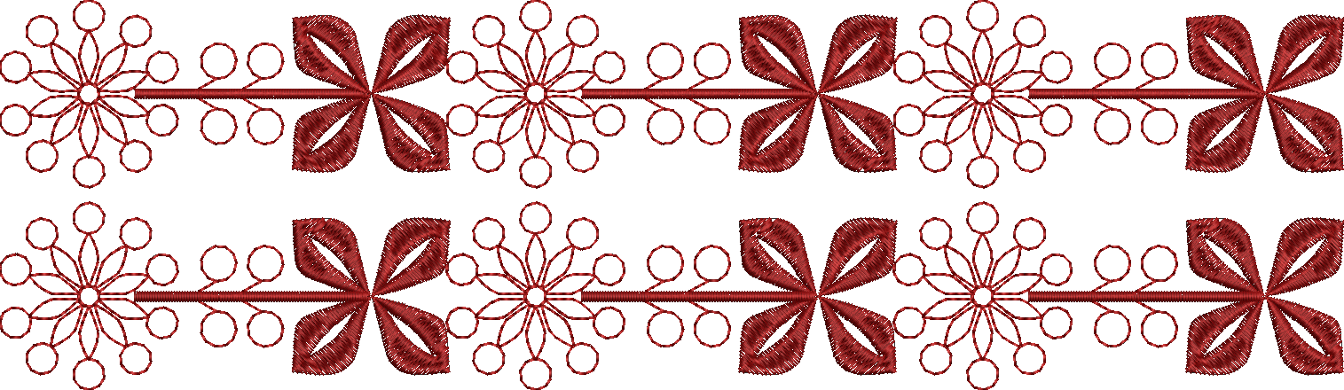 Embroidery design: A repeating horizontal border embroidery design in deep red, featuring symmetrical floral and geometric motifs with dens