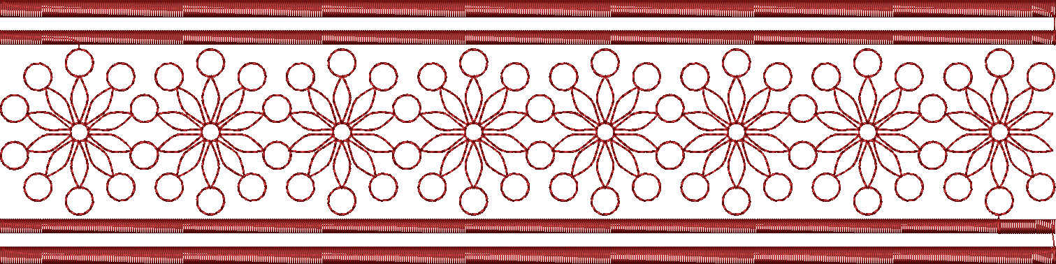 Embroidery design: A repeating maroon border embroidery design featuring a continuous line of floral and circular motifs in a geometric and