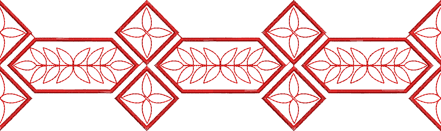 Embroidery design: A repeating red geometric border design with symmetrical vine and leaf motifs.