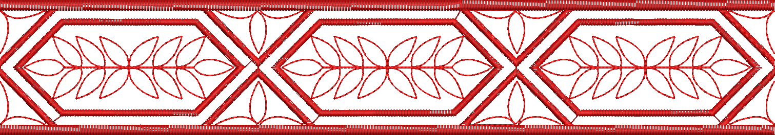 Embroidery design: A red and white embroidery design featuring a repeating geometric border with stylized leaves or foliage within hexagona