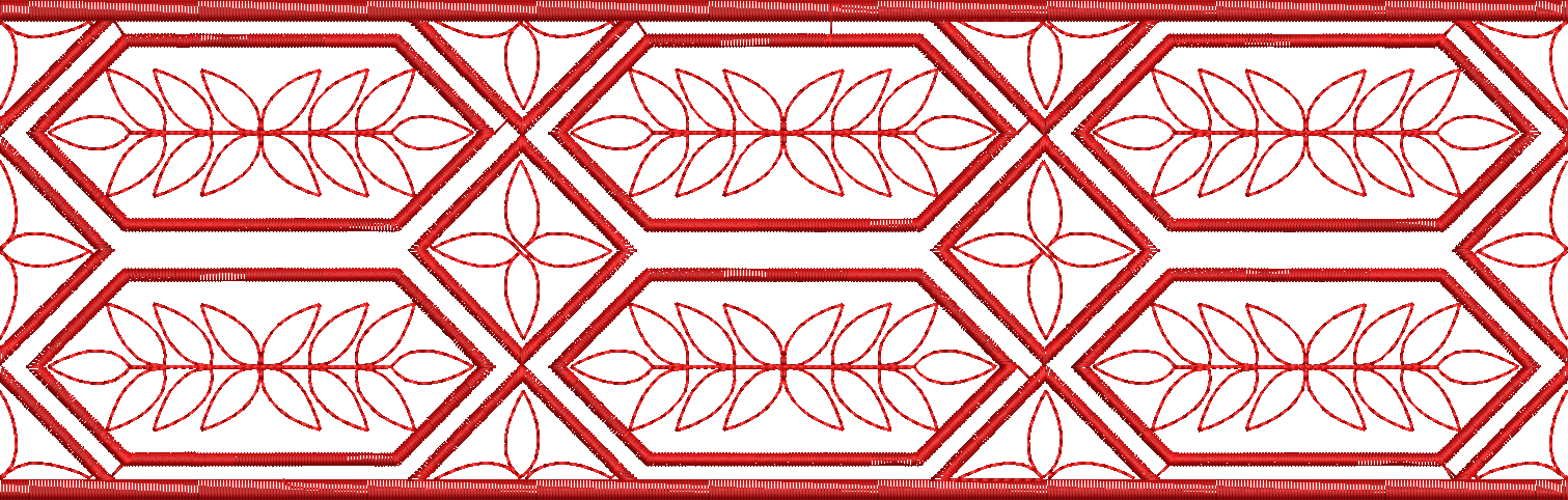 Embroidery design: A red embroidery design featuring a repeating geometric border with stylized floral or vine motifs. The pattern is symme