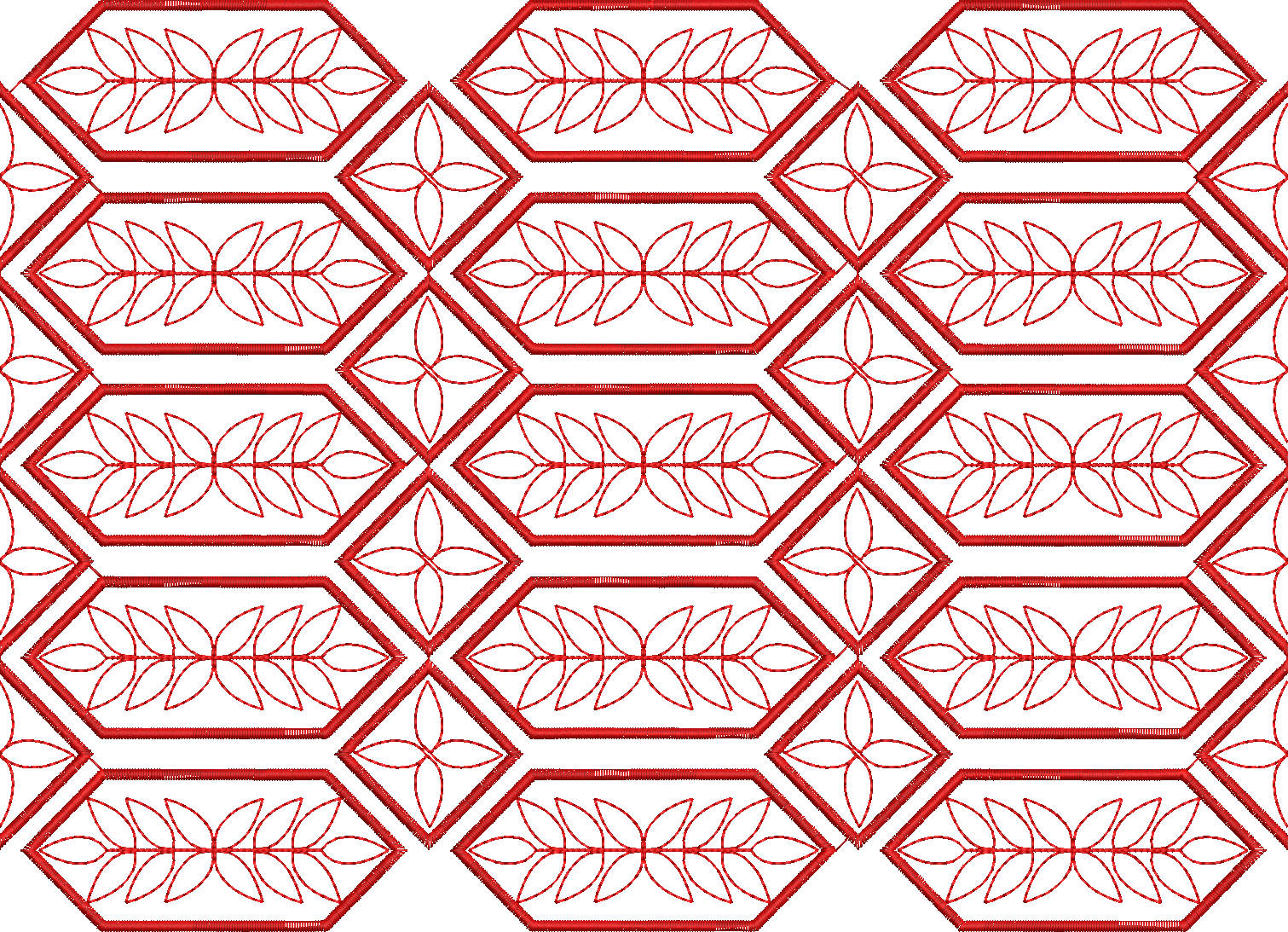 Embroidery design: A repeating geometric embroidery pattern with red foliage motifs within hexagonal frames, featuring a decorative and orn