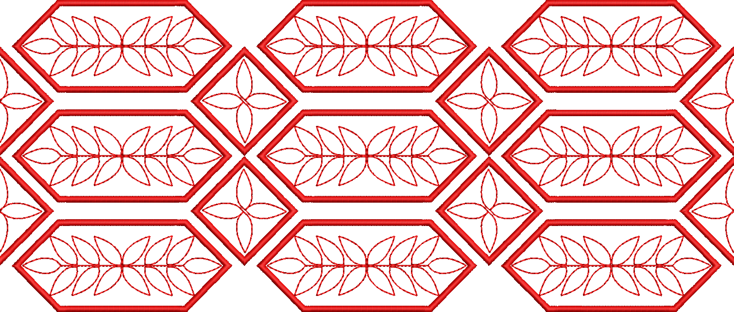 Embroidery design: A repeating border embroidery design in red, featuring hexagonal and diamond shapes with stylized leaves and floral moti
