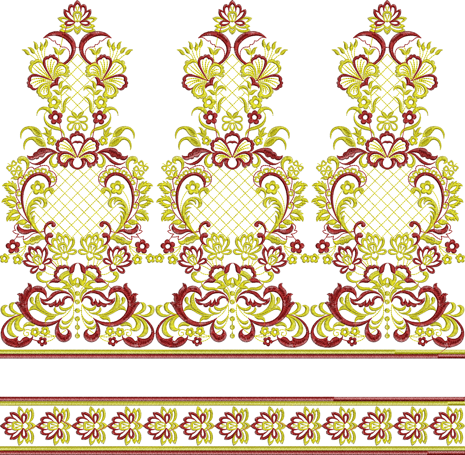 Embroidery design: A repeating horizontal border embroidery design featuring intricate red and yellow floral and scrollwork motifs with a s