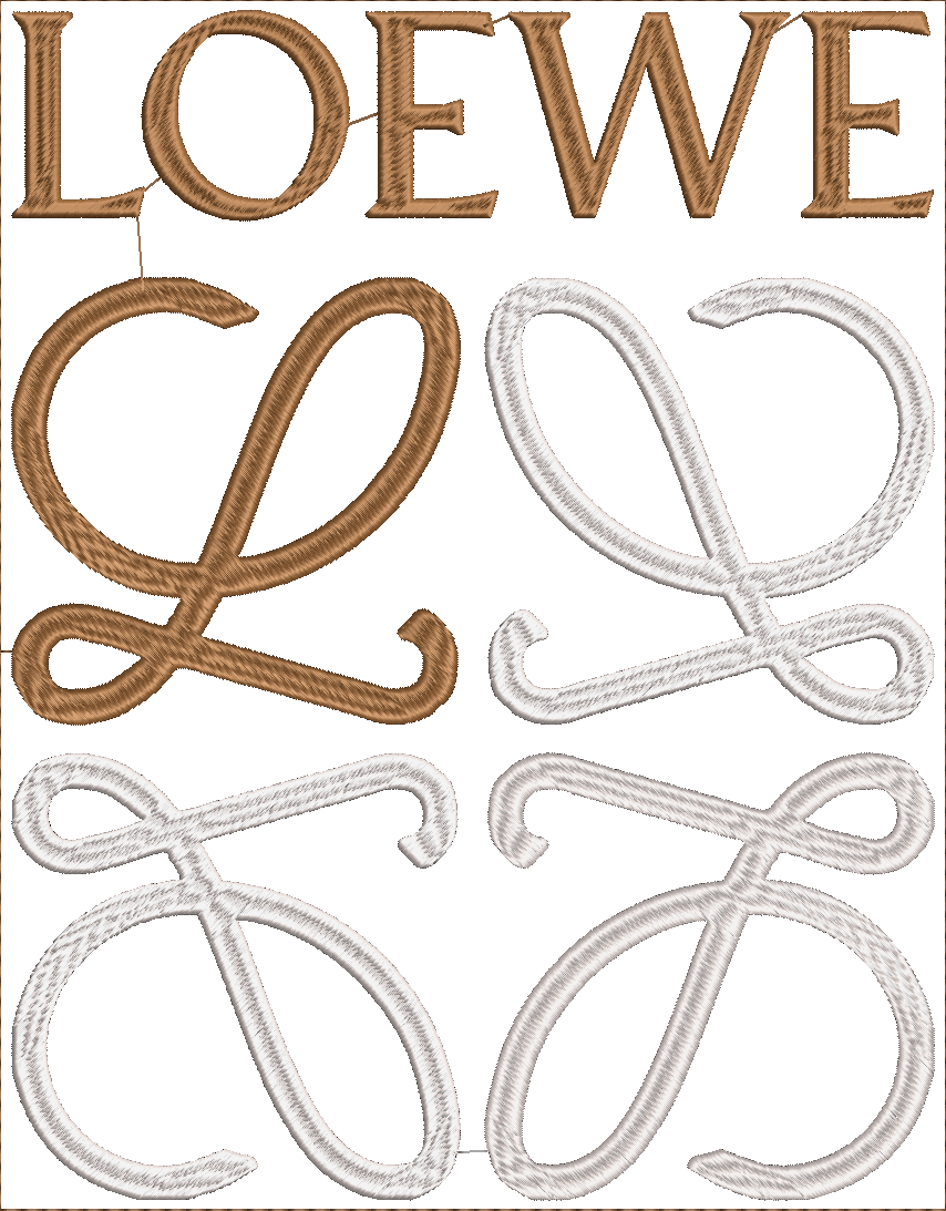 Embroidery design: Embroidery design featuring the word "LOEWE" in brown block letters above four stylized "L" or "anagram" symbols, two in