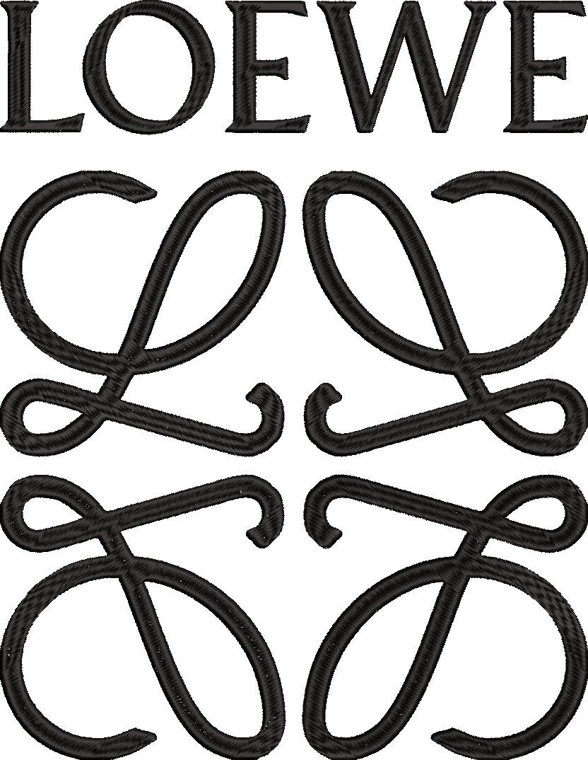 Embroidery design: Black embroidered logo of the brand LOEWE, featuring the text 'LOEWE' and four interlocking 'L' symbols.
