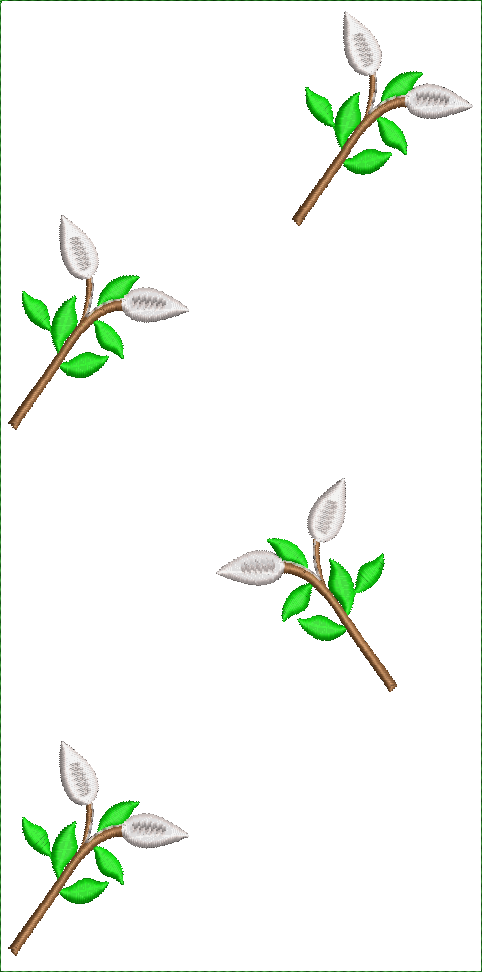 Embroidery design: An embroidery design featuring four corner elements, each with a brown branch, green leaves, and white buds.