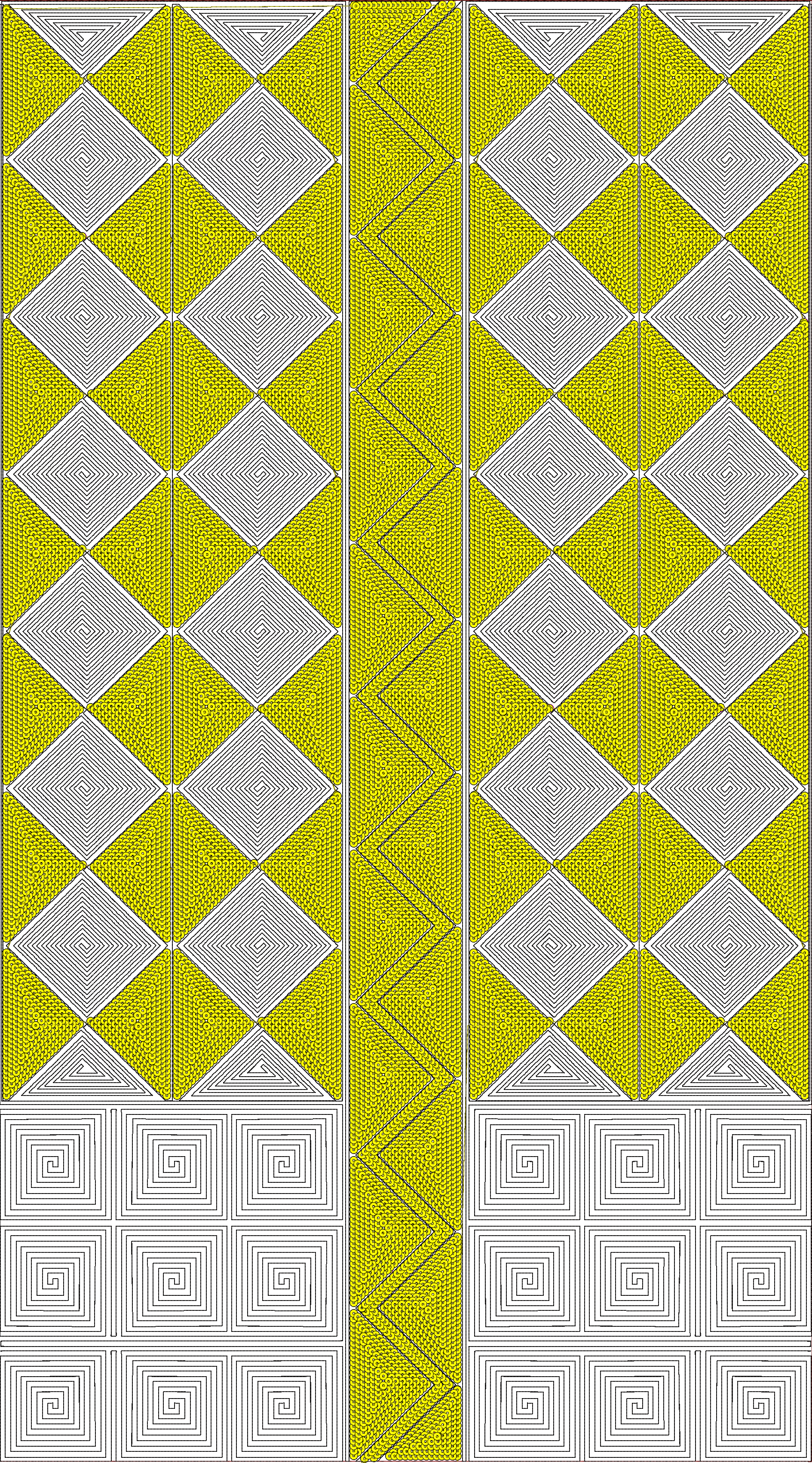 Embroidery design: An abstract geometric embroidery design with a repeating, symmetrical pattern. It features panels of white diamonds with