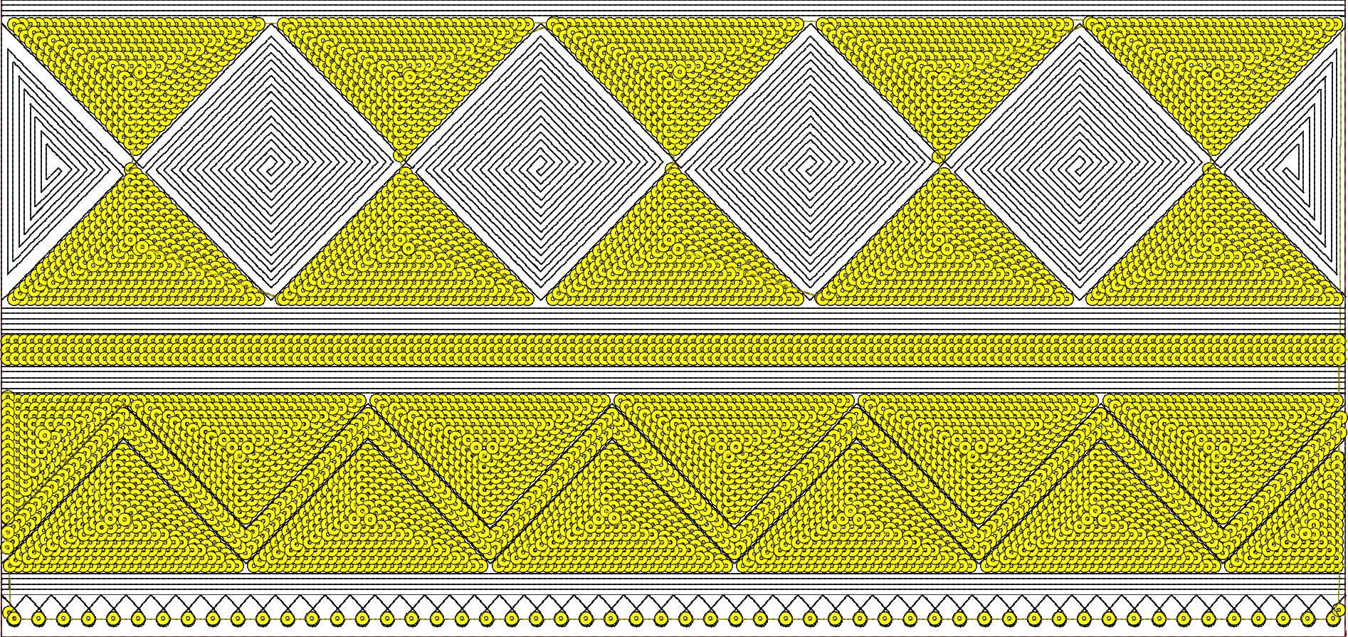 Embroidery design: A horizontal embroidery design featuring yellow and white geometric patterns. The top section displays repeating diamond