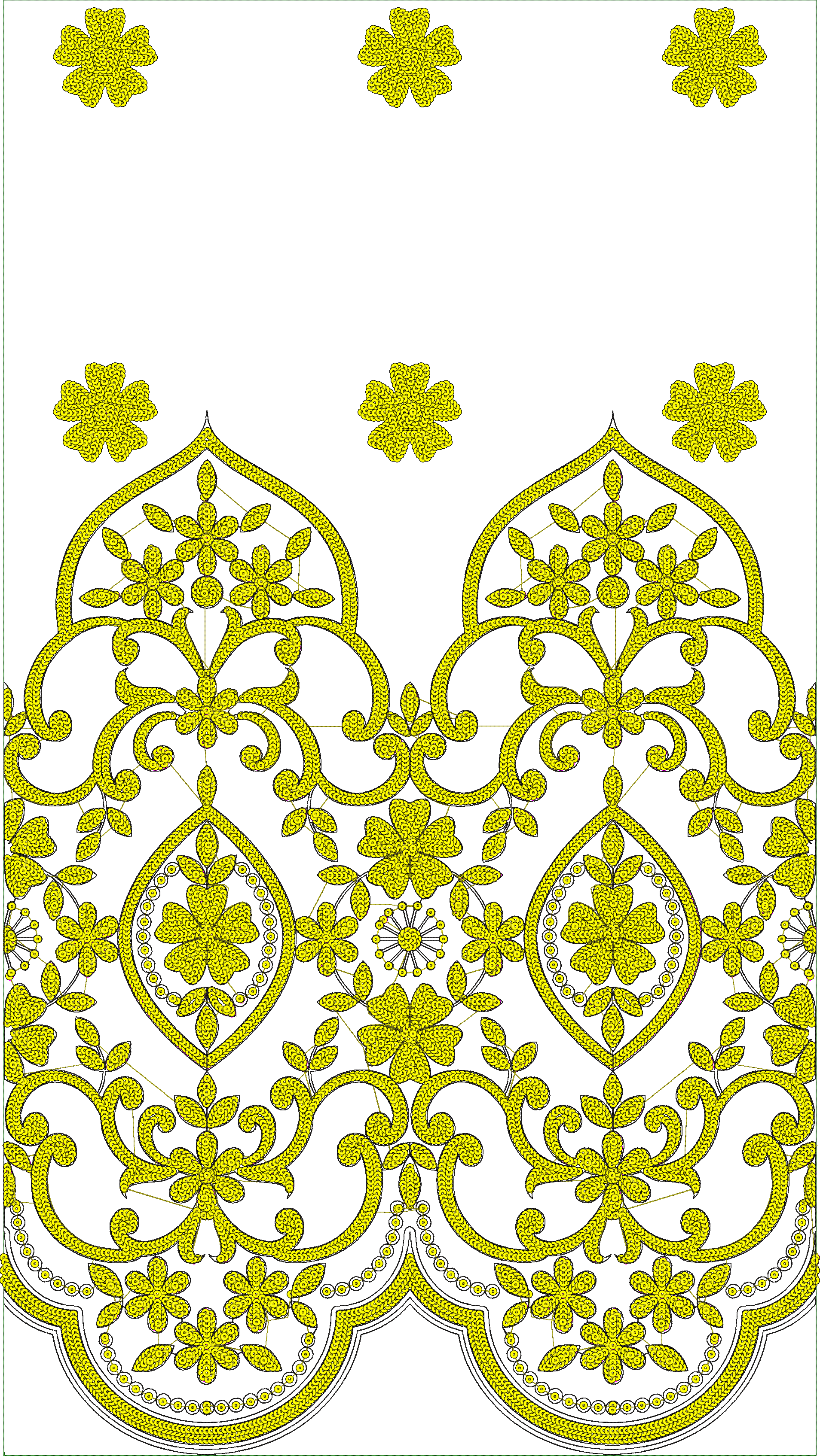 Embroidery design: A decorative embroidery border design featuring yellow floral motifs with arabesque scrollwork, a repeating symmetrical 
