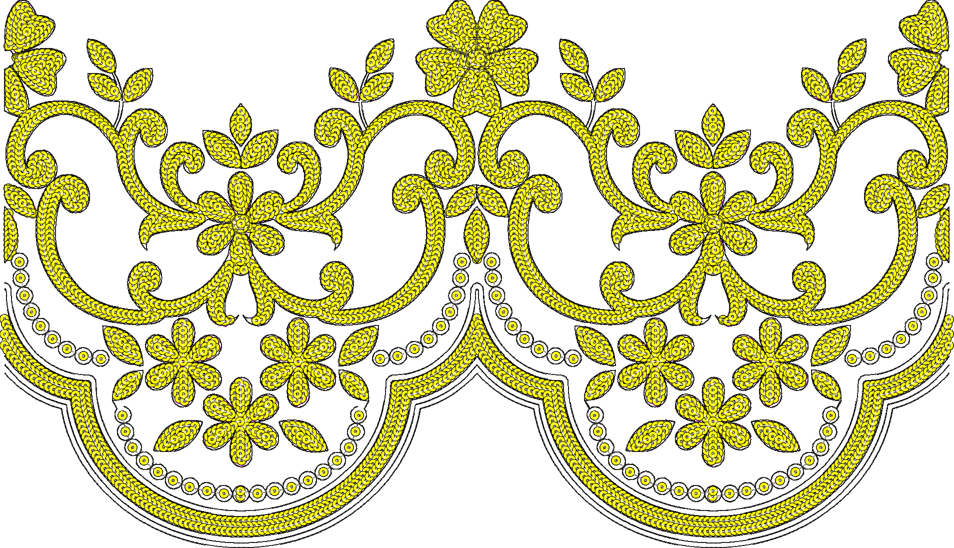 Embroidery design: A yellow and black ornamental border design with symmetrical floral and scrollwork motifs, featuring flowers, leaves, an