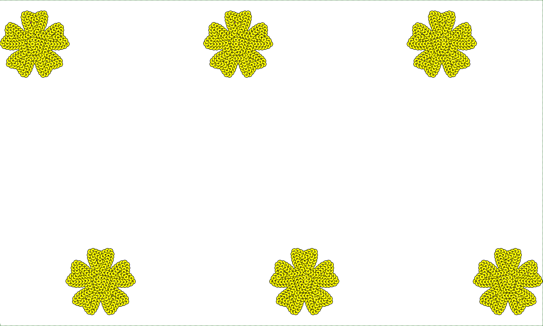 Embroidery design: A pattern of six yellow, four-petal flowers with a dense, textured fill, arranged sporadically on a white background.