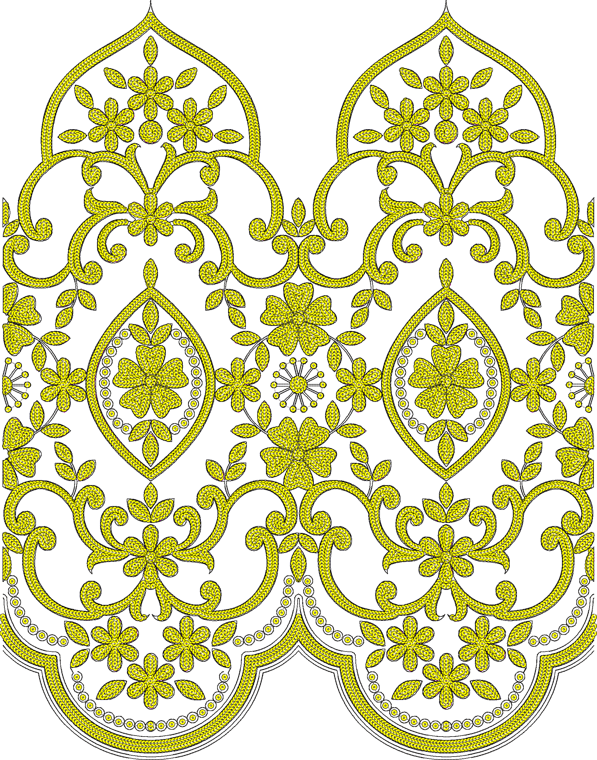Embroidery design: An ornamental embroidery design with repeating yellow floral and scrollwork motifs, featuring a lace-like texture and sy