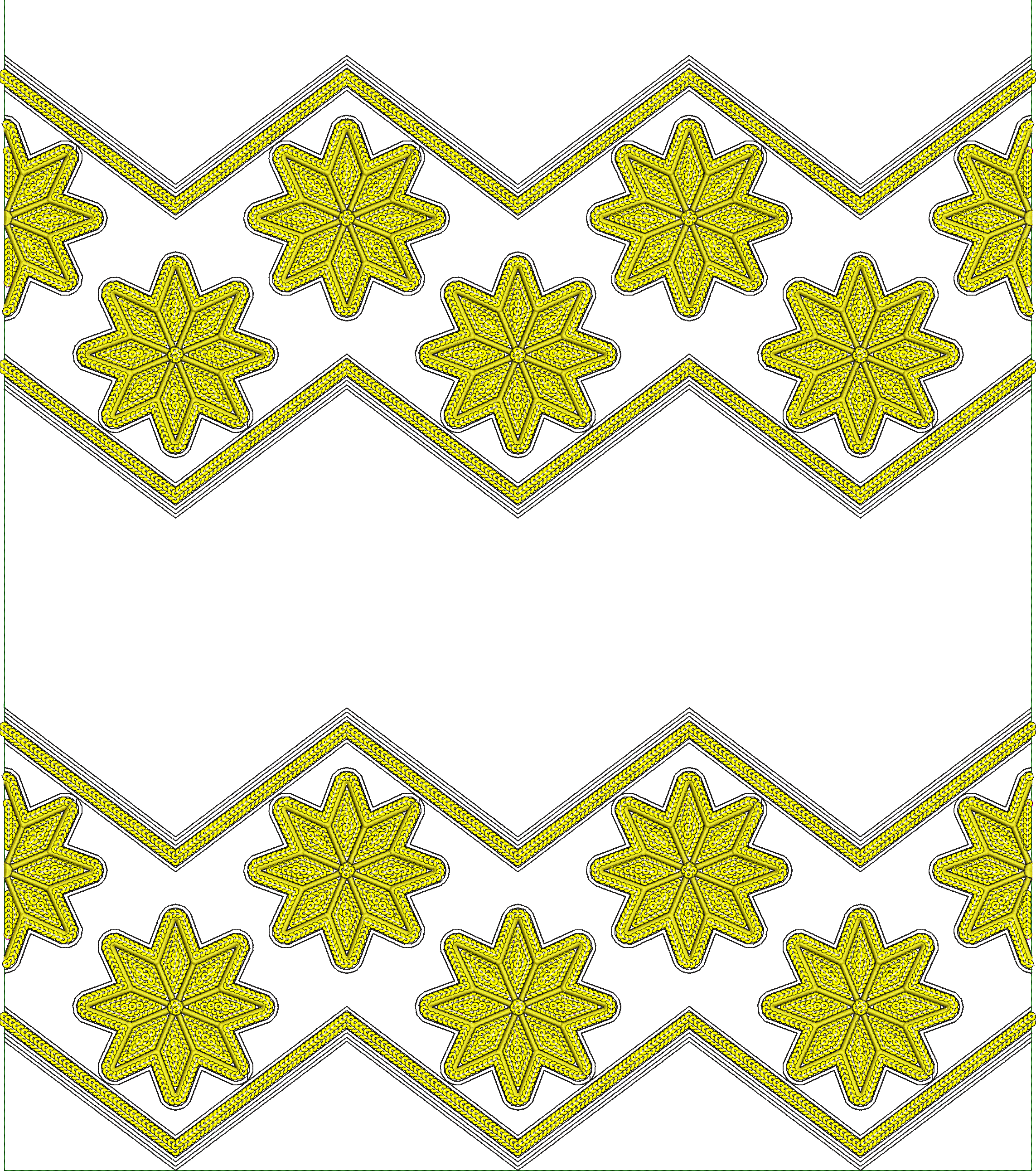 Embroidery design: A decorative border design featuring repeating yellow eight-pointed stars and a chevron pattern, with a dense fill withi