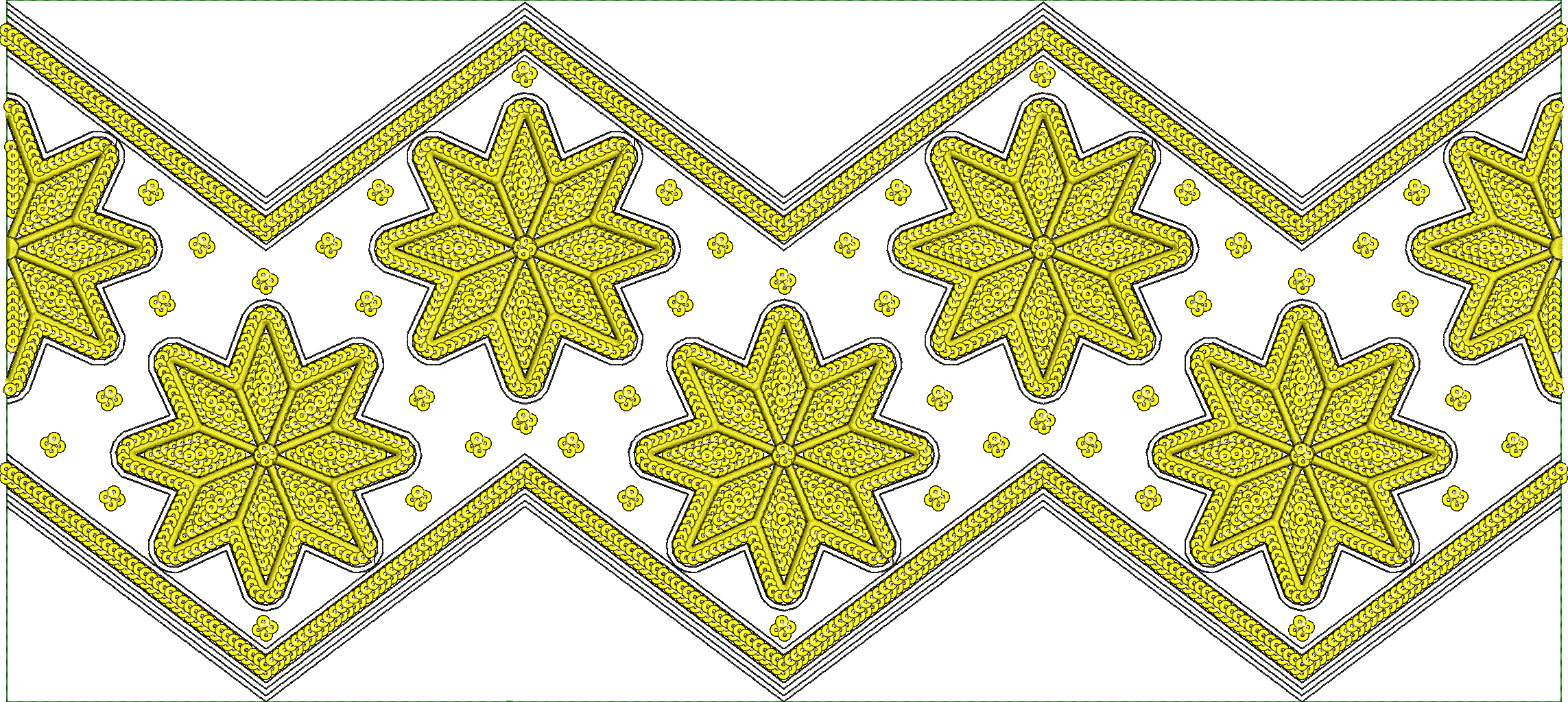 Embroidery design: A repeating embroidery design featuring yellow star-shaped medallions and a yellow chevron border on a white background.