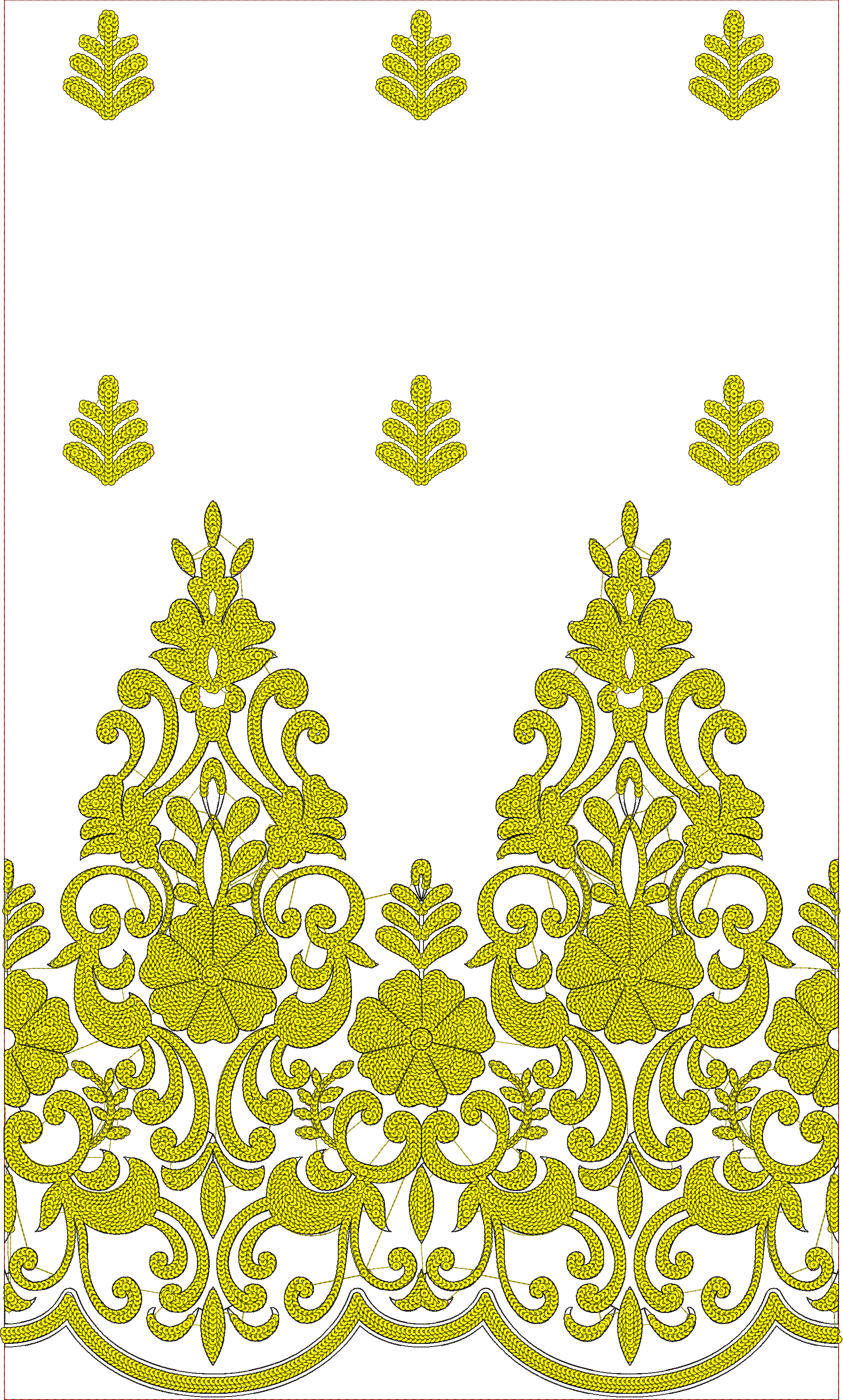Embroidery design: A yellow embroidery design featuring a repeating ornamental border with floral and foliate motifs, scrollwork, and styli