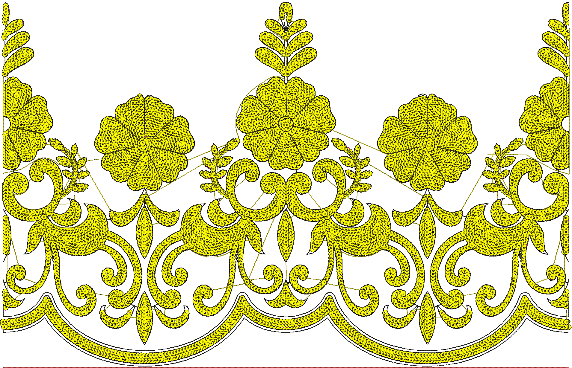 Embroidery design: A yellow floral embroidery border design with symmetrical ornamental and decorative elements, featuring repeating flower