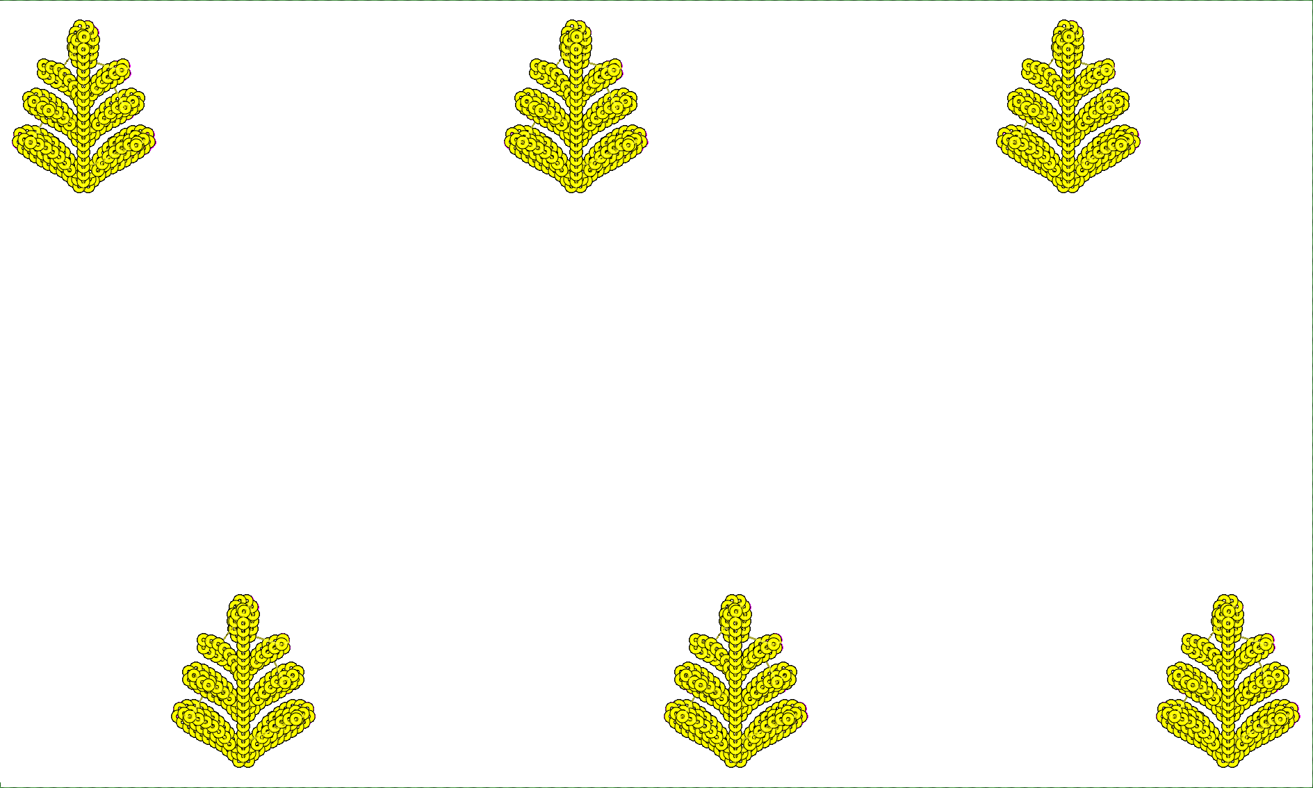 Embroidery design: An embroidery design featuring six identical stylized yellow leaf or fern motifs, arranged symmetrically in two rows of 