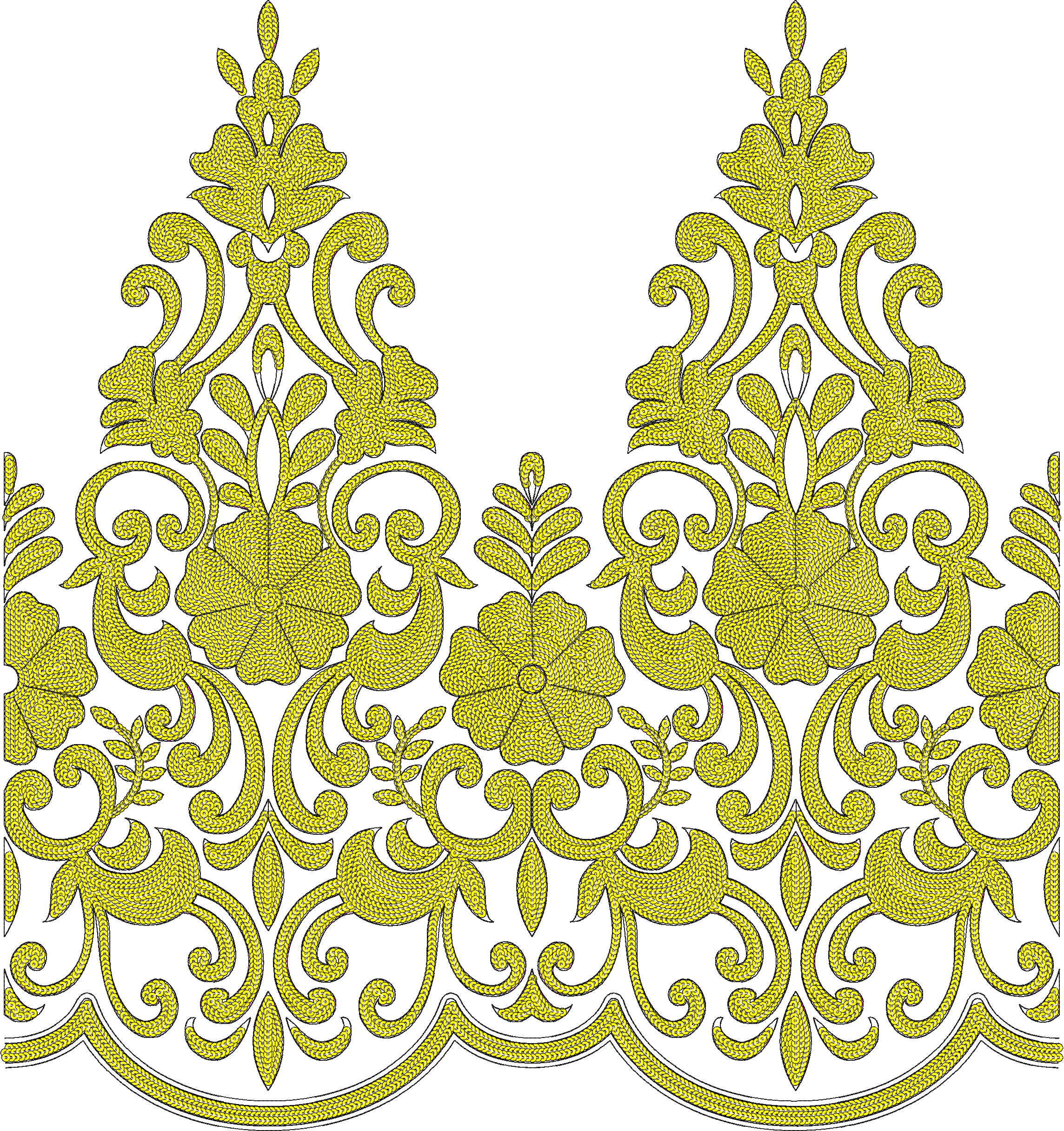 Embroidery design: A yellow embroidered border design with intricate floral, vine, and leaf motifs in a symmetrical and ornamental style.