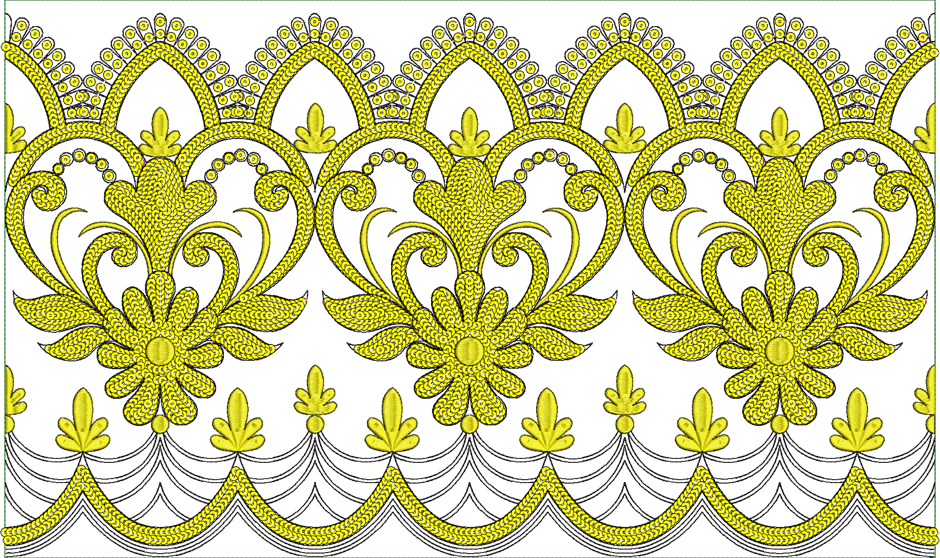 Embroidery design: A yellow and white ornamental border embroidery design with repeating floral and scrollwork motifs in a traditional, sym