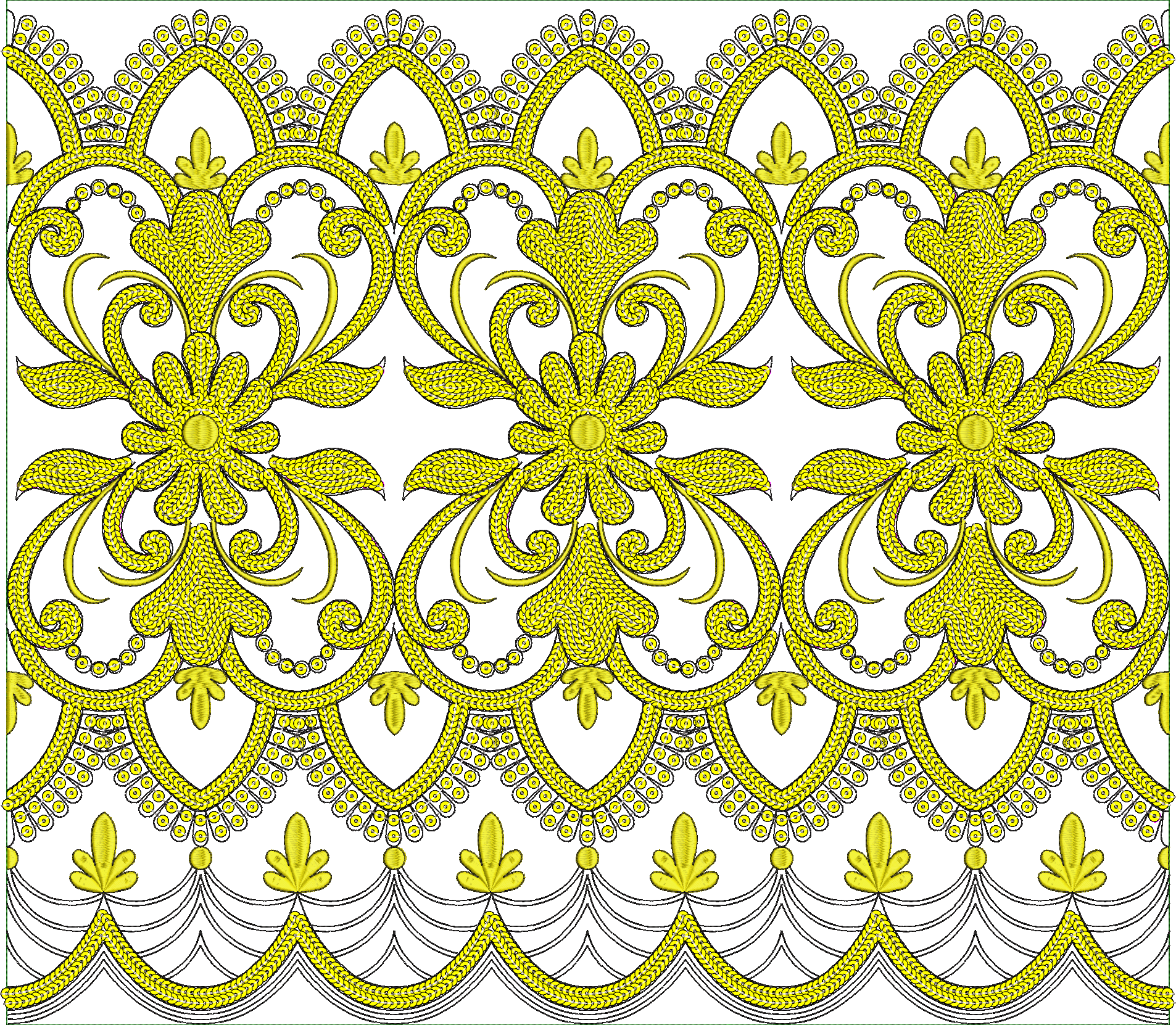 Embroidery design: A repeating horizontal embroidery border with ornate, symmetrical, yellow scrollwork and floral motifs.