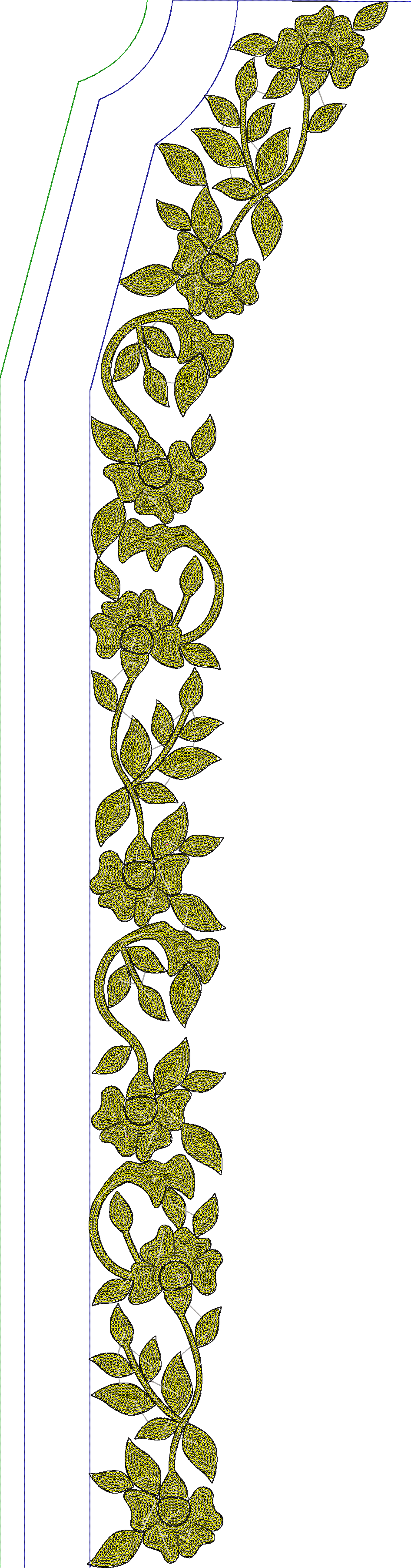 Embroidery design: A vertical embroidery border design featuring scrolling yellow-green vines with flowers and leaves, outlined in black. T
