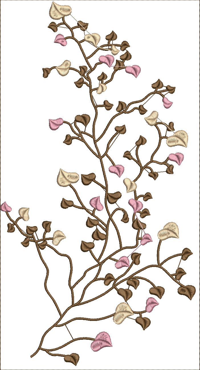 Embroidery design: A botanical embroidery design featuring an asymmetrical vine with brown branches and scattered leaves in beige and pink.