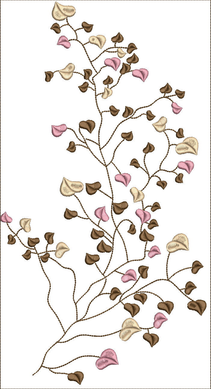 Embroidery design: An embroidery design featuring a delicate arrangement of vines with leaves in brown, pink, and tan.