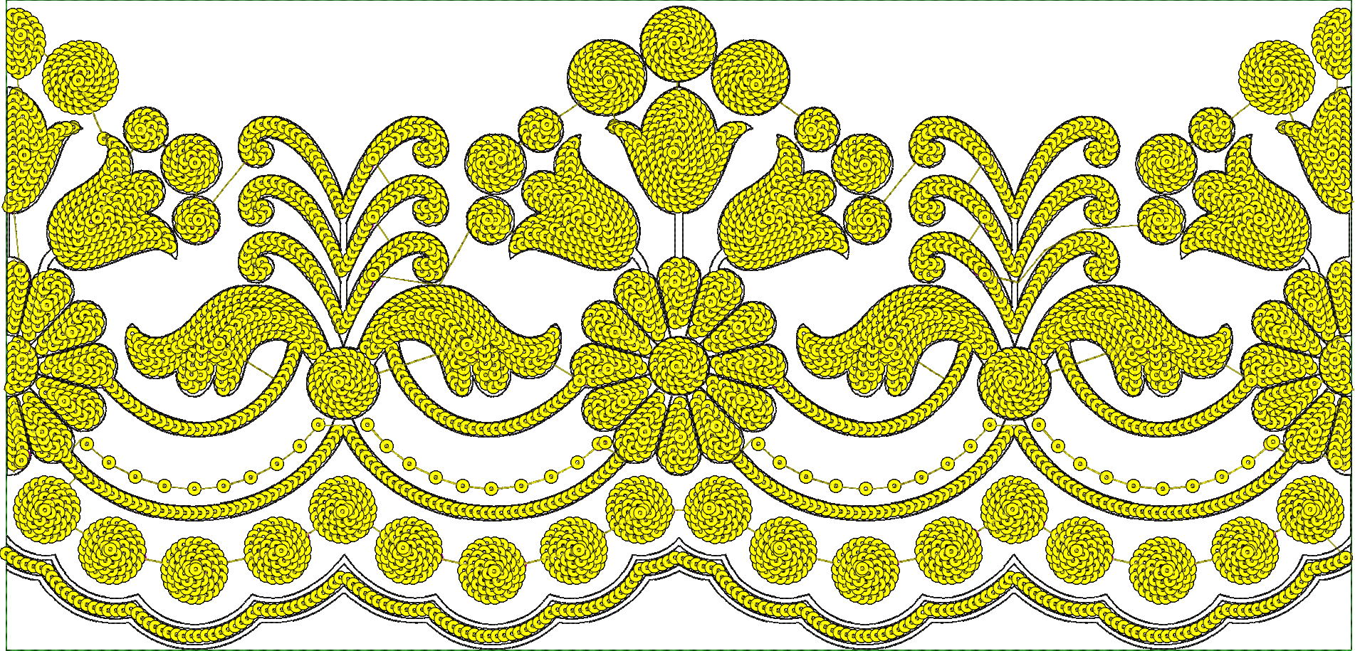 Embroidery design: A yellow embroidery border design with dense fill, featuring symmetrical and repeating ornamental floral motifs, scrollw