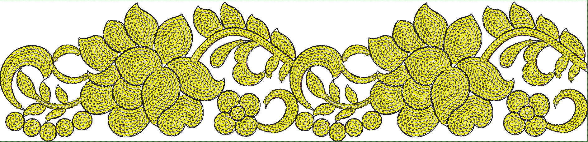 Embroidery design: A decorative yellow embroidery design featuring a repeating ornamental pattern of floral and vine elements, suitable for