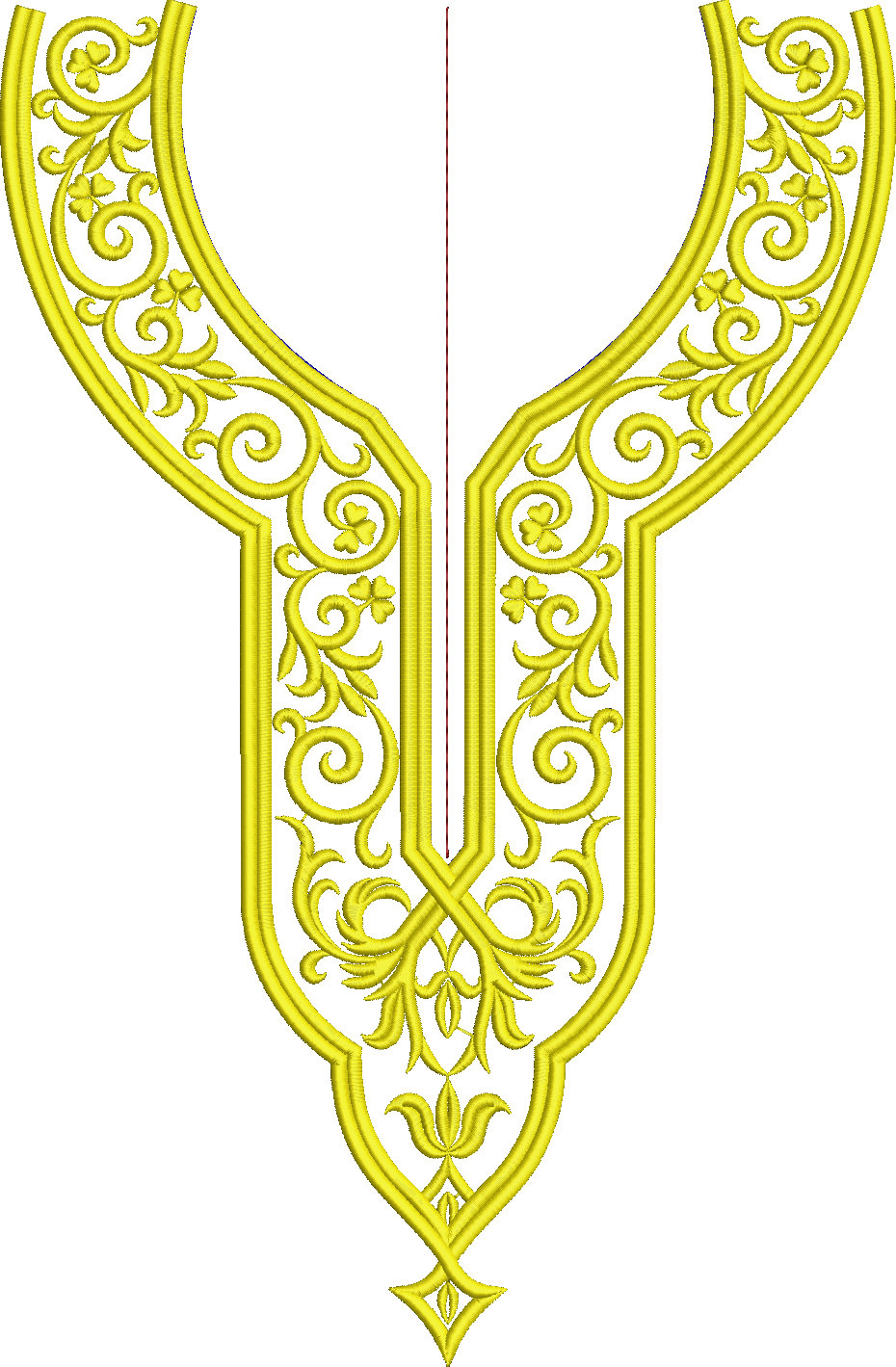 Embroidery design: A yellow embroidery design for a neckline, featuring symmetrical scrollwork, vines, leaves, and small floral blossoms in