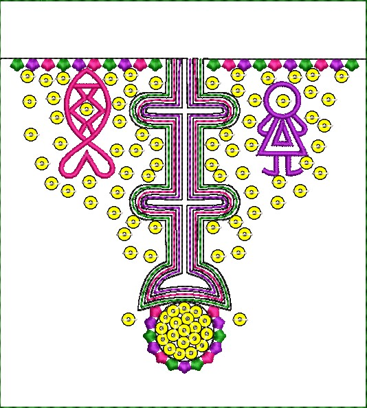 Embroidery design: A decorative embroidery design for a neckline, featuring geometric and symbolic motifs including a fish, a cross, and a 