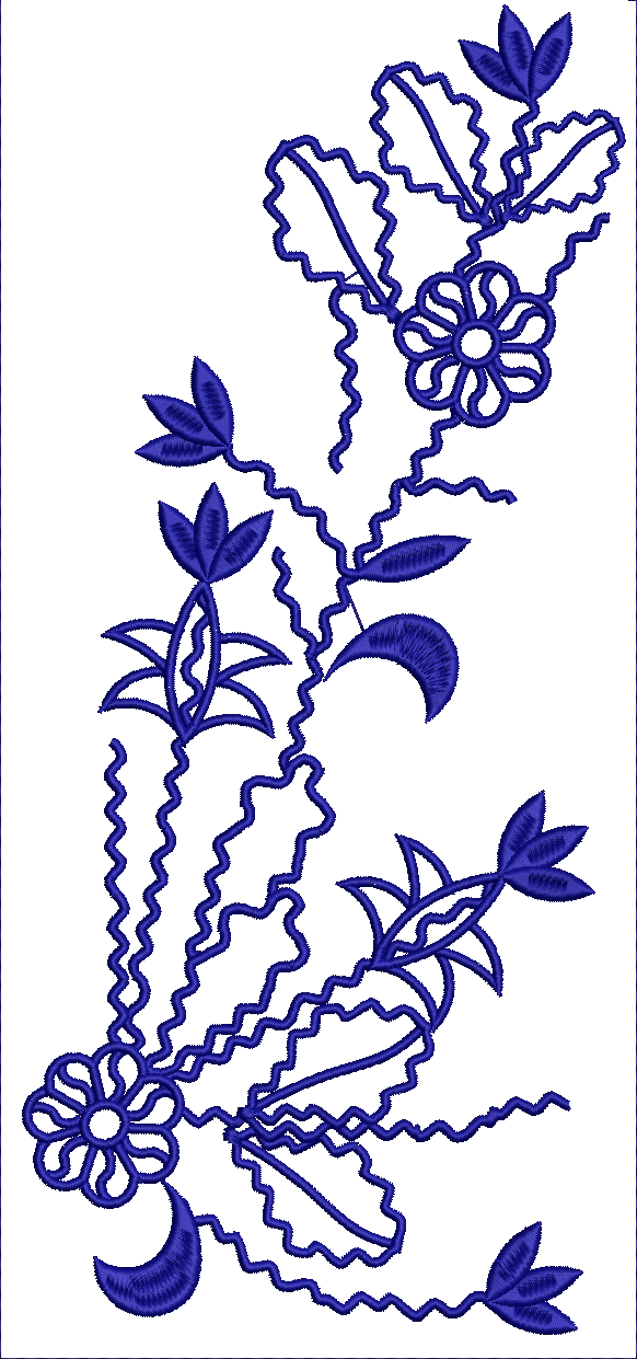 Embroidery design: A single-color blue embroidery design featuring an asymmetrical, abstract floral and botanical vine with leaves, flower-