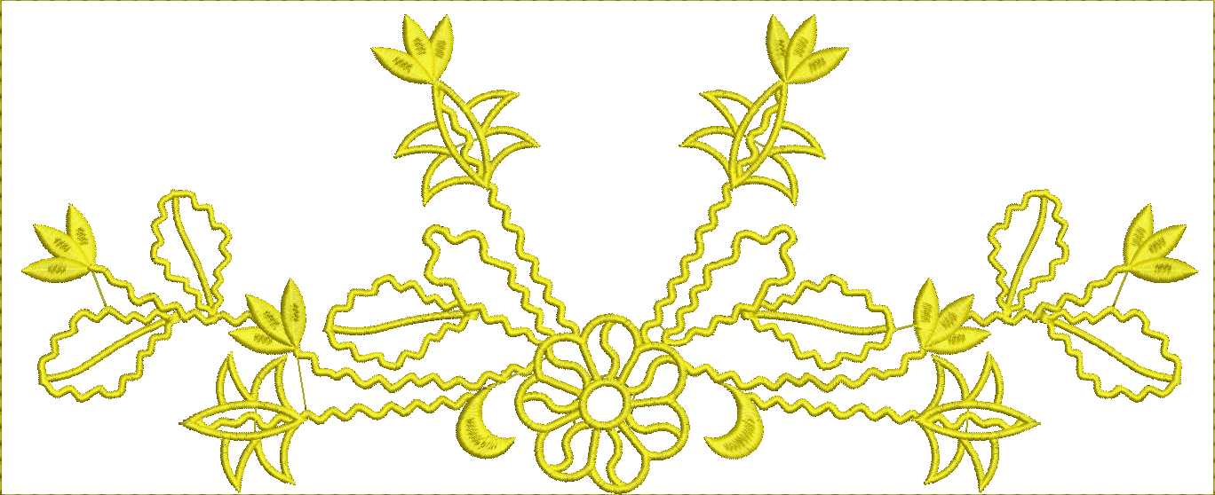 Embroidery design: A symmetrical yellow embroidery design featuring a central floral motif with swirling scrollwork and leaf-like elements,