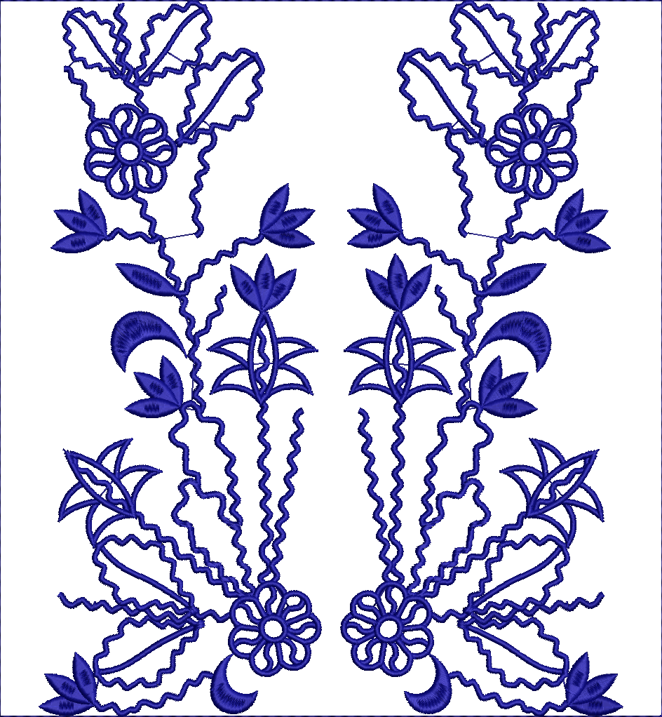 Embroidery design: A symmetrical and mirrored floral embroidery design in blue, featuring botanical elements like flowers, leaves, and vine