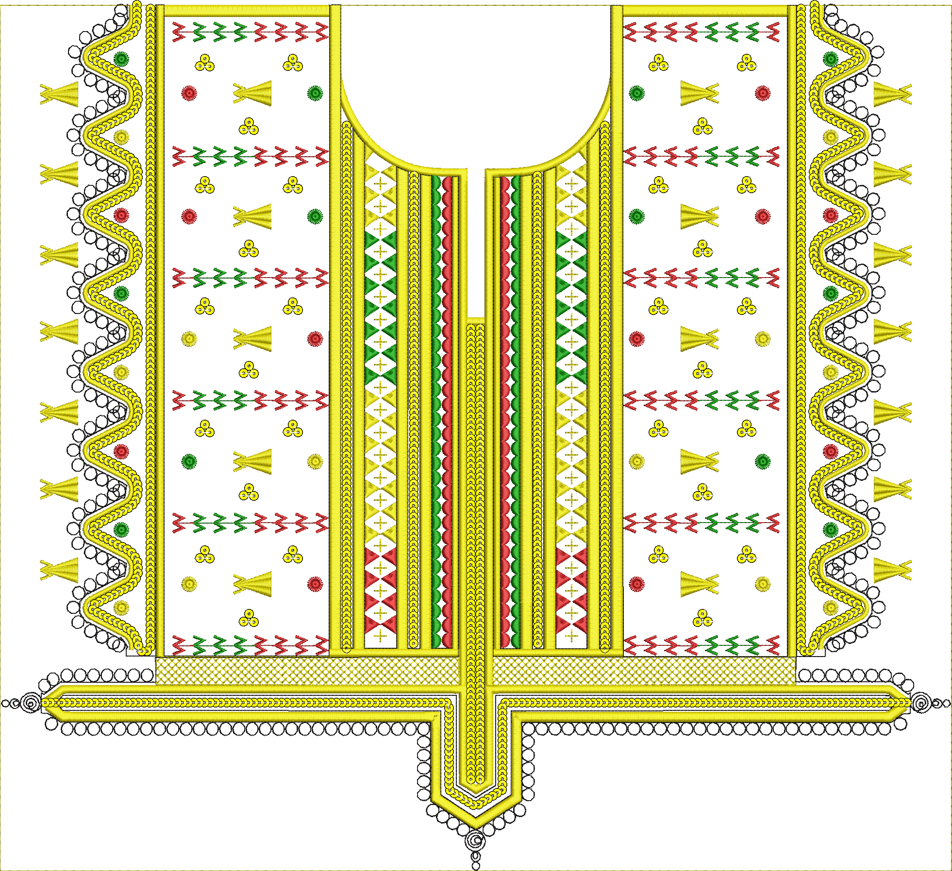 Embroidery design: A symmetrical, traditional ethnic embroidery design for a neckline and front panel, featuring geometric patterns in yell