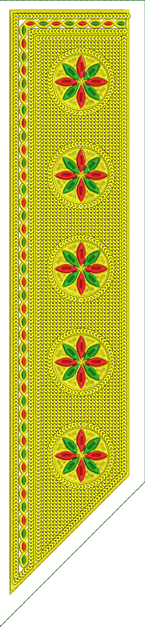 Embroidery design: A decorative embroidery design featuring a vertical arrangement of yellow circular motifs with red and green floral or l